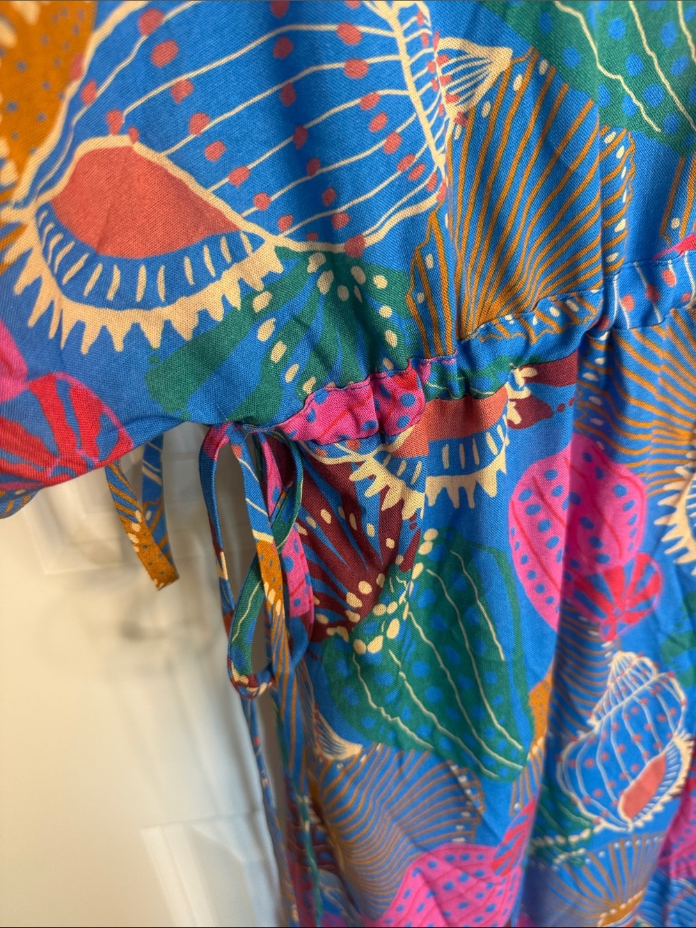 Anthropologie Teal Maxi Dress/ Beach Cover-up. Pink, Green & Gold Shell Print - Picture 3 of 8